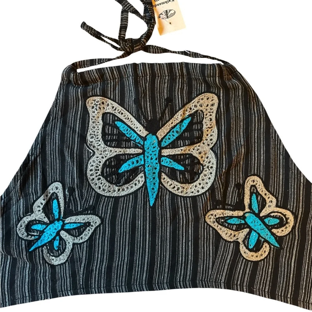 Kathmandu Imports Striped Butterfly Embroidered Tie Back Cotton Halter Top NWT